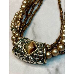 Multi-Strand Champagne Faux Pearl Necklace Silver-Tone Pendant Tigers Eye -294